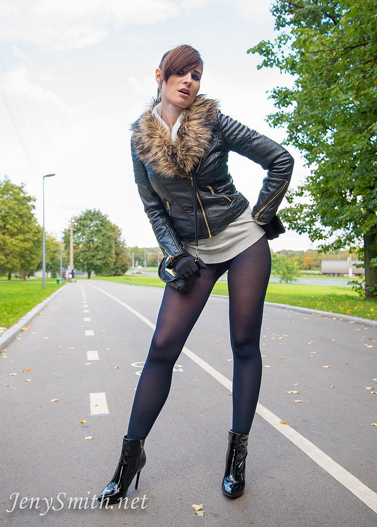Jeny Smith in black pantyhose with no skirt on the road