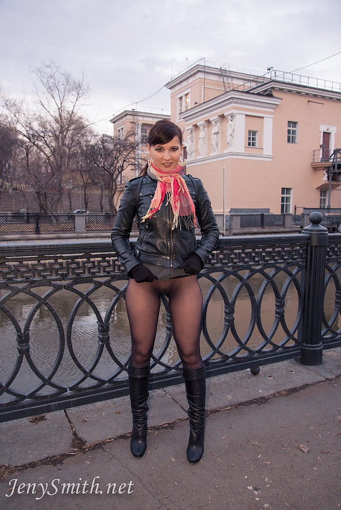 Jeny Smith in seamless pantyhose bottomless outdoors